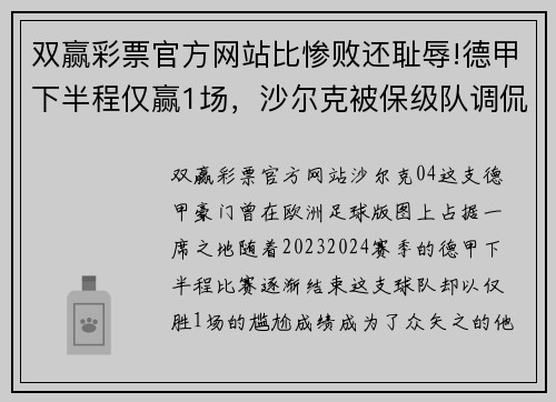 双赢彩票官方网站比惨败还耻辱!德甲下半程仅赢1场，沙尔克被保级队调侃，04成笑柄