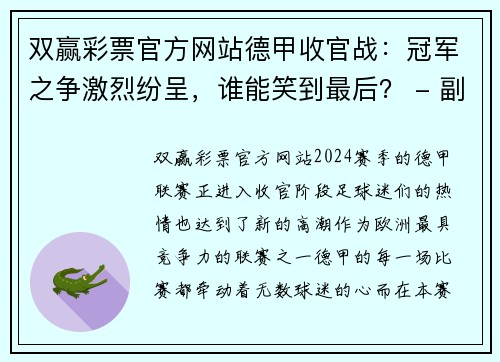 双赢彩票官方网站德甲收官战：冠军之争激烈纷呈，谁能笑到最后？ - 副本