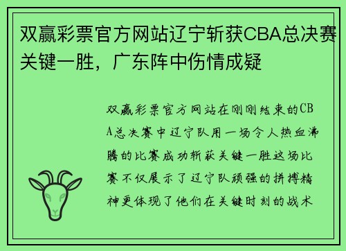 双赢彩票官方网站辽宁斩获CBA总决赛关键一胜，广东阵中伤情成疑