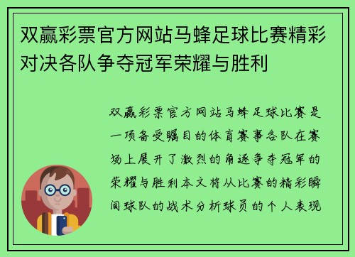 双赢彩票官方网站马蜂足球比赛精彩对决各队争夺冠军荣耀与胜利