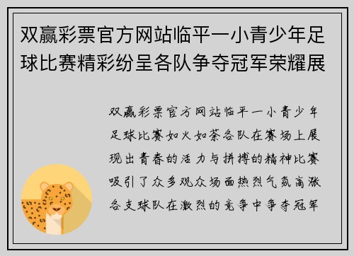 双赢彩票官方网站临平一小青少年足球比赛精彩纷呈各队争夺冠军荣耀展现青春风采